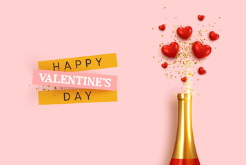 Happy Valentine's Day. Romantic design, realistic bottle champagne wine, explosion with red hearts and glitter gold confetti. holiday gift card, elegant invitation for party. Banner, web poster © lauritta