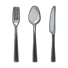 Cutlery set fork knife spoon sketch engraving vector illustration. T-shirt apparel print design. Scratch board imitation. Black and white hand drawn image.
