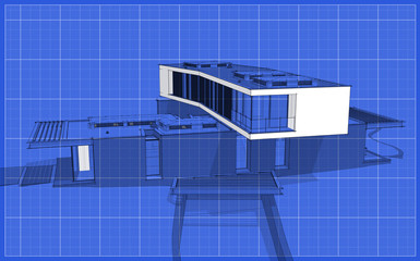 3d rendering of modern cozy house on the hill with garage and pool for sale or rent.  Black line sketch with soft light shadows and white spot on blueprint background.