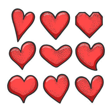 Heart symbol set sketch engraving vector illustration. Romantic love lovesickness symbol. T-shirt apparel print design. Scratch board imitation. Black and white hand drawn image.