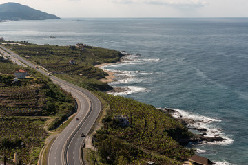 The road from the airport to Alanya. Landscape view from mountain to road, sea, beach. Mahmutlar region