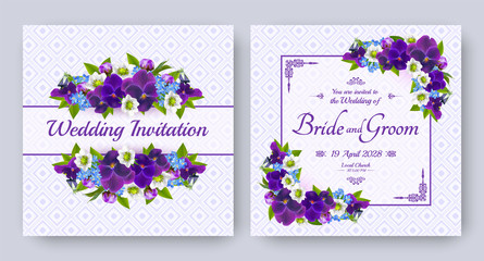 Wedding invitation with flowers of realistic purple viola, strawberry and forget-me-not on patterned background. Floral vector square card set for bridal shower, save the date and marriage celebration