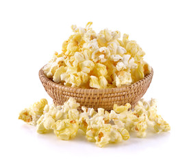 Popcorn in basket on the white background