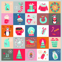 Christmas advent calendar.  Vector Winter holidays illustration.