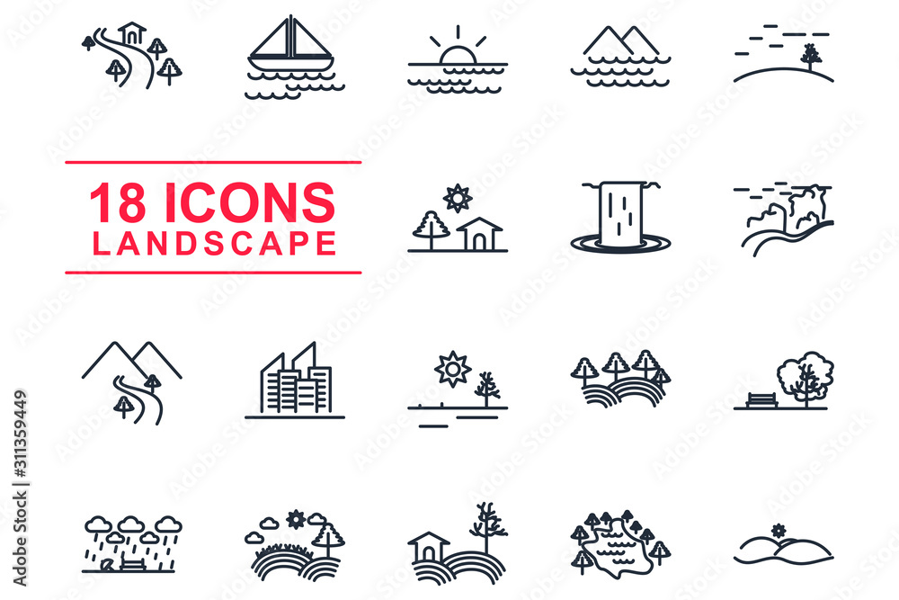 Poster Landscape Set icon template color editable. Landscape pack symbol vector sign isolated on white background illustration for graphic and web design.
