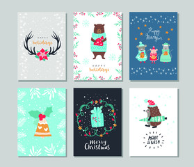 Set of winter holidays greeting cards. Vector set