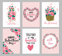 Set of Valentine's day greeting cards with hand writtenlettering and decorative textured brush strokes on background. Happy Valentine's day, Love you words,vector illustration scandinavian style