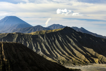Close-up view of the Mount Bromo crater during a beautiful sunrise. Mount Bromo is an active...
