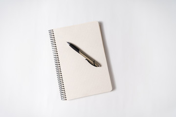 Pen on a blank page of an open notebook. White background. Creativity, muse, plans