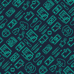 Mobile repair service, phone fix seamless pattern. Smartphone common issues, repair and accessories background. Mobile service thin line logotype and symbols. Electronic equipment, technology