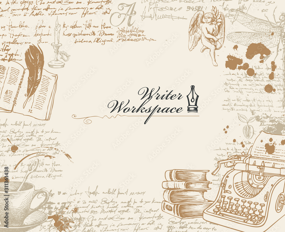 Poster vector banner on a writers theme with sketches and place for text in retro style. writer workspace. 
