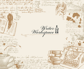 Vector banner on a writers theme with sketches and place for text in retro style. Writer workspace. Artistic illustration with hand-drawn typewriter, angel, dragonfly and handwritten notes with blots