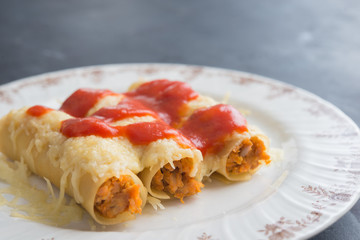 meat filled pasta on a plate. Italian cannelloni, Spanish canelones.