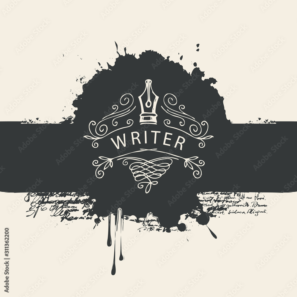 Poster vector banner with writer logo and abstract black stains in retro style. artistic illustration with 