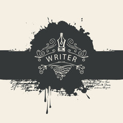 Vector banner with writer logo and abstract black stains in retro style. Artistic illustration with ink pen, black blobs and splashes