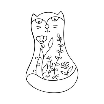 Cute cat and flowers. Doodle style. Coloring book, page for adults and schoolchildren. Vector illustration isolated on white background.