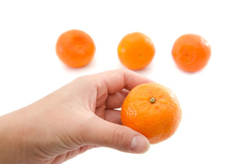 mandarin in hand isolated on white background.