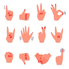 Fototapeta premium Woman hand gestures with red nails manicure set isolated on white background. Thumb up and ok, peace and attention, like and dislike. Vector cartoon flat illustration.