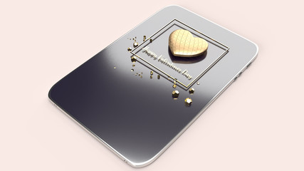 The gold heart 3d rendering on tablet  background for valentine’s content.