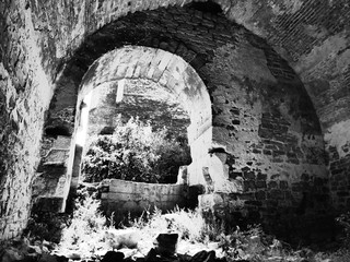 General view of the Khotyn fortress on the right bank of the Dniester River in western Ukraine. Khotyn fortress in black and white. Khotyn fortress with a special artistic effect.