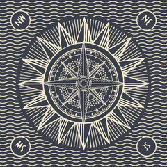 Hand-drawn illustration on the theme of travel, adventure and discovery on the background with waves. Vector banner with sun, wind rose and old nautical compass in retro style on dark background