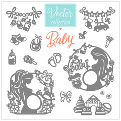 Pregnancy and Baby. Baby Shower. Set of hand drawn baby and newborn doodle for icon, banner. Newborn care. Vector illustration
