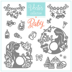 Obraz premium Pregnancy and Baby. Baby Shower. Set of hand drawn baby and newborn doodle for icon, banner. Newborn care. Vector illustration