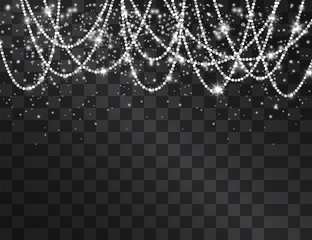 Luxurious silver white glittering tinsel frame with shining confetti. Glowing lacy decorative curvy garland, expensive festive concept. Curtains metallic glow arch for invitation posters, party flyers