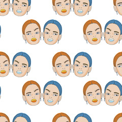 Seamless pattern with stylized female faces in orange and blue. Handwritten vector illustration.