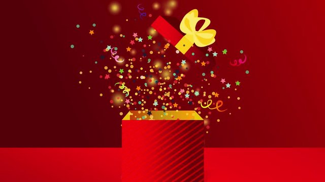 New year gift vector banner video. Unique gift ideas banner concept animation. Open Red Gift Box and Confetti. stock footage