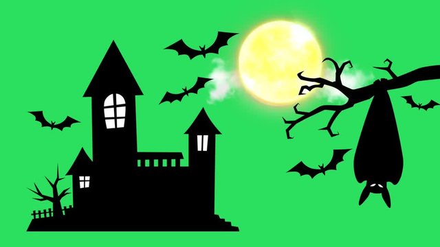 Animation silhouette Black Castle with yellow moon on green background.