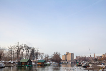 Panorama of the Tamis river, on Pancevo Waterfront in the center of the city, during foggy...