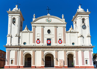 Catholic National Cathedral in capital Asuncion, Paraguay. South America. Isolated on blue background.