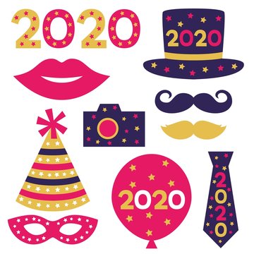 New Year 2020 isolated party props, vector set