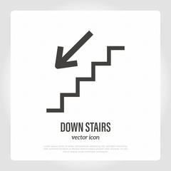 Down stairs public sign: staircase with arrow thin line icon. Vector illustration.