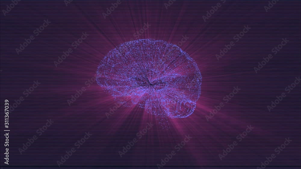 Poster digital brain made of beaming particles floating in black space and illuminating purple light.