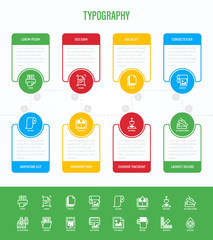 Typography, polygraphy infographics with thin line icons in circles with copy space near. Printing, scanning, flexography, offset, roll paper, color palette, lamination, embossing. Vector illustration