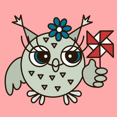 emoji with owl girl playing with a windmill or pinwheel toy that is spinned by wind, simple hand drawn emoticon, simplistic colorful picture, vector art 