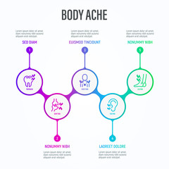 Body ache infographics in circles with thin line icons and place for text near. Data visualization. Toothache, heart attack, joint pain, leg pain, otitis. Vector illustration.