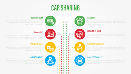 Car sharing infographics with thin line icons in circles. Business data visualization. Driver license, key, car inspection, open and close car, sync. Vector illustration for presentation.
