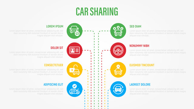 Car sharing infographics with thin line icons in circles. Business data visualization. Driver license, key, car inspection, open and close car, sync. Vector illustration for presentation.