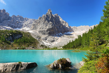 Turquoise Sorapis Lake with Dolomite Mountains, Italy, Europe