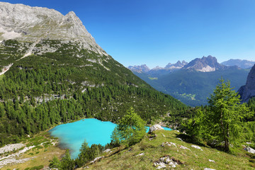 Turquoise Sorapis Lake with Dolomite Mountains, Italy, Europe