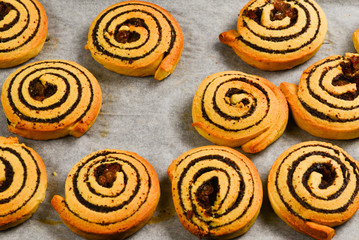 Baked cookies with raisins and poppy seeds on a trail.