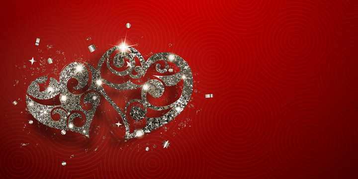 Valentine's day card with two shiny hearts of silver sparkles with glares and shadows on red background