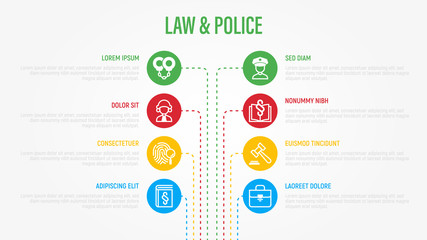 Law and police infographics with thin line icons in circles. Data visualization. Policeman, judge, prosecutor, lawyer, court, prison, fingerprint, evidence flat line icons. Vector illustration.