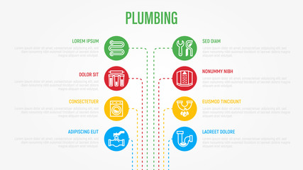 Plumbing infographics with thin line icons in circles. Data visualization with copy space. Water filter, faucet, washing machine, siphon, shower cabin, pipe, ball valve. Vector illustration.