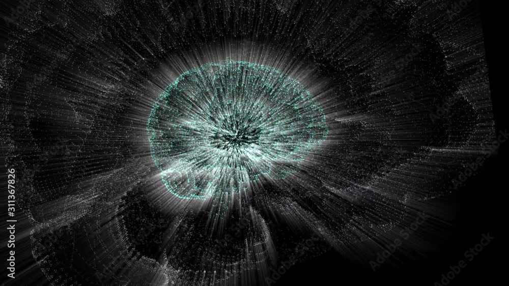 Poster brainstorming concept. abstract illuminated brain turning around on dark background, making waves al