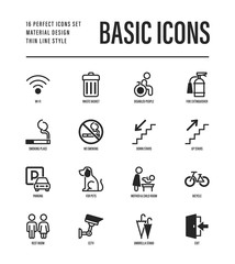 Basic public signs: wi-fi, waste basket, disabled people, fire extinguisher, smoking place, down stairs, up stairs, parking, mother and child room, bicycle. Thin line icons. Vector illustration.