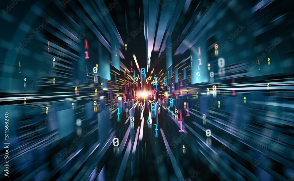 Poster Abstract cyberspace. Digital world and future technology. Speed, power and a breakthrough to success. 3D illustration of clusters of information with a binary code element